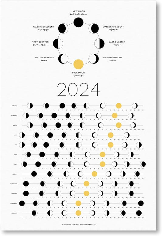 2024 Moon Phase Calendar (SHIPS FLAT) - Hangable Light Lunar Wall Poster - Great as a Unique Gift, Moon Tracking, Wall Décor & Art, Astrology Decorations - A Celestial Calendar - by Thankful Greetings