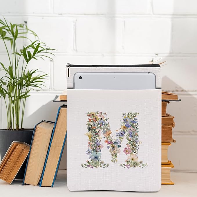 Monogrammed Book Sleeve Floral M Initial Book Pouch Book Accessories Book Lovers Gifts Waterproof Book Cover Book Protector Bookish Gifts Personalized Gifts for Women Girls Readers Bride Niece