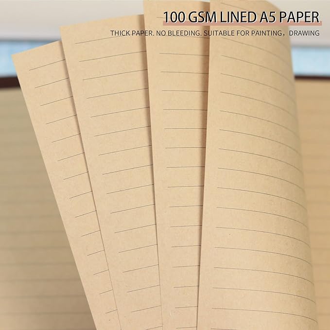 A5 Lined Vintage Kraft Paper, Vintage A5 Flipchart Binder Refill Paper,for 6-Ring Binders Planner Traveller Journal Notebook Dairy, 80 Sheets (160 Pages) (Line-Retro-A5)