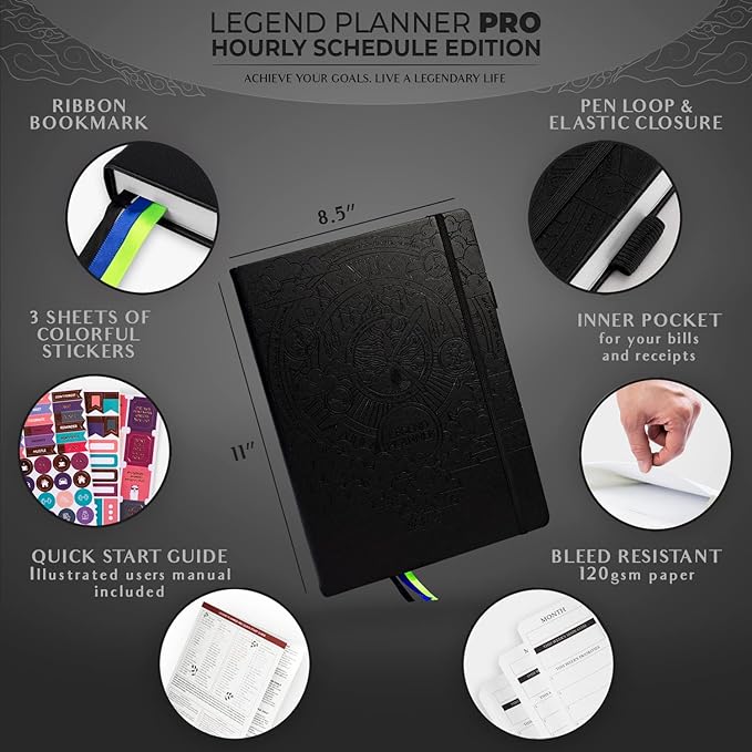 Legend Planner PRO Hourly Schedule - Weekly & Daily Organizer with Time Slots. Appointment Book Journal for Work & Personal, A4 (Black)