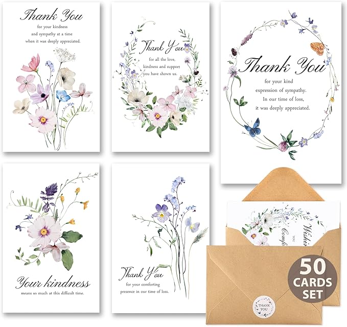 C2U Funeral Thank You Cards with Envelopes(50 Pack 4"x6"),Stickers & Message Inside - Wildflower Bereavement Sympathy Thank You Cards for Funeral Family Friends Loved Ones