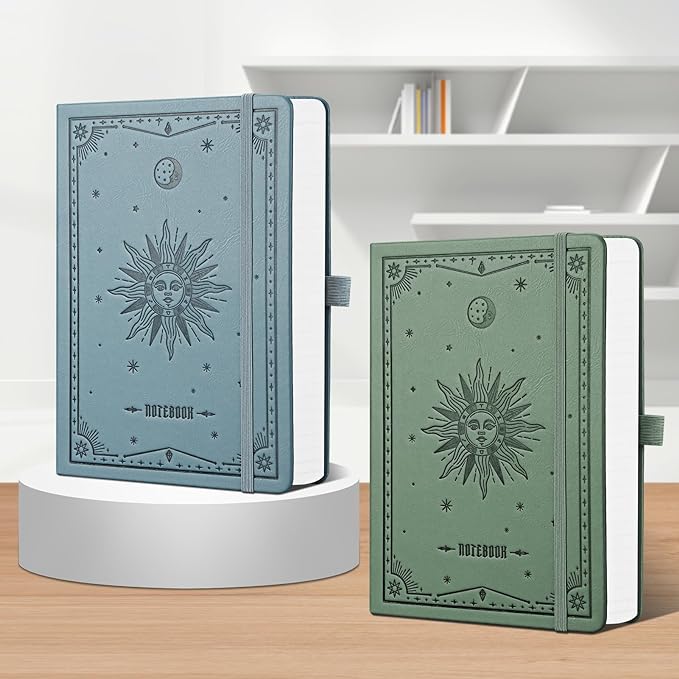 EMSHOI A5 Hardcover Leather Journal - 320 Pages, 100GSM Thick Notebook Lined Journal for Writing Women & Men, College Ruled, Sun Design- GrayBlue (5.75" x 8.38")