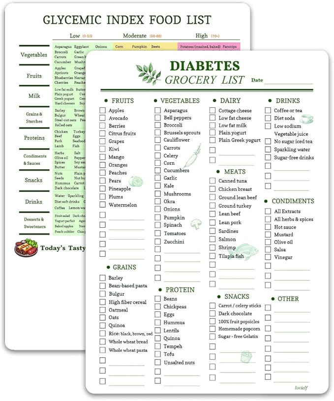 Reusable Diabetes Grocery Shopping List Food Chart & Meal Planner and Glycemic Index Diabetes Management | Double Sided Erasable material A4 size
