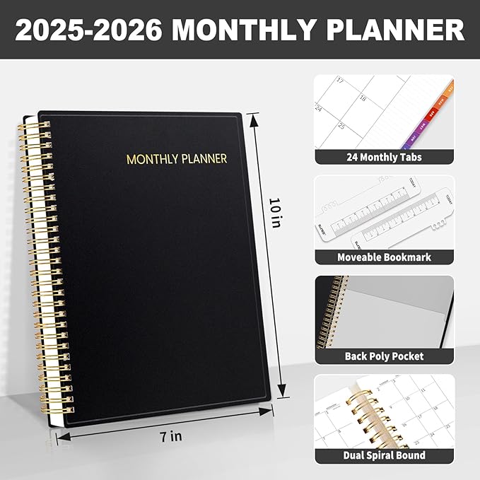 SUNEE 2-Year Monthly Planner 2025-2026 (Jan 2025 - Dec 2026) 7"x10" Monthly Spreads & Yearly Planner, Black