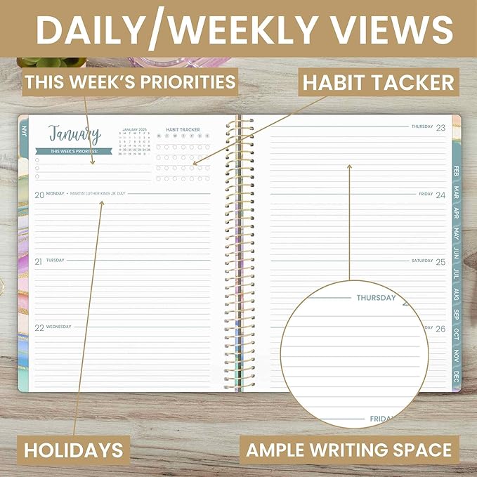 bloom daily planners 2025 Planner (8.5" x 11") Calendar Year Day Planner (January 2025 - December 2025) - Weekly & Monthly Agenda Organizer with Stickers & Tabs - Watercolor Waves
