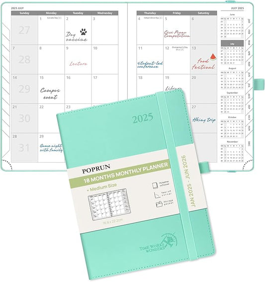 POPRUN Monthly Planner 2025-2026 (Medium- 6.5'' x 8.5'' Soft Cover), 18-Month Calendar Book (January 2025-June 2026), Calendar Planner with Monthly Tabs & Pocket, 100 GSM Paper - Green