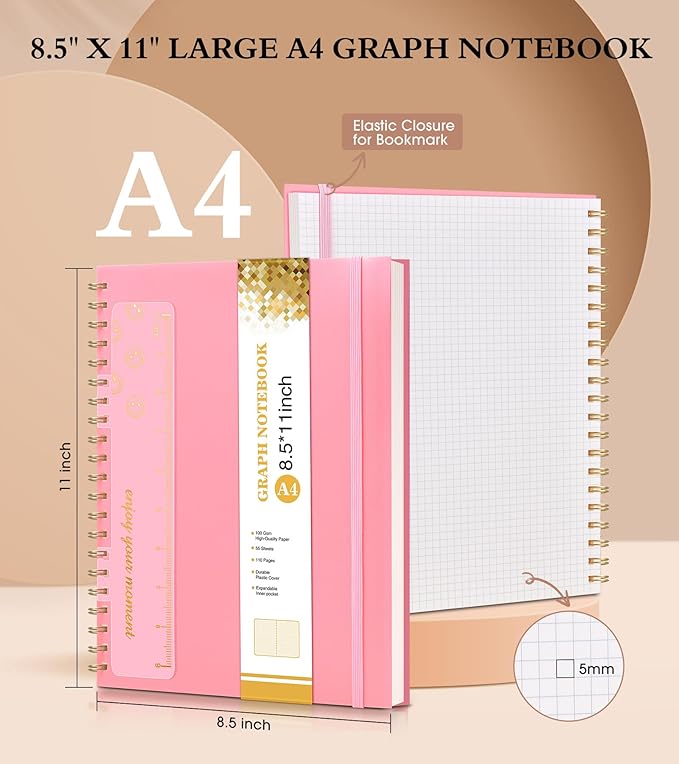 Graph Paper Notebook, Spiral Notebook Journal 8.5” x 11”, A4 Large Grid Notebooks for Women Men, 100 GSM Graph Paper, Plastic Hardcover Spiral Graphing Journals for Work School Engineering, Pink