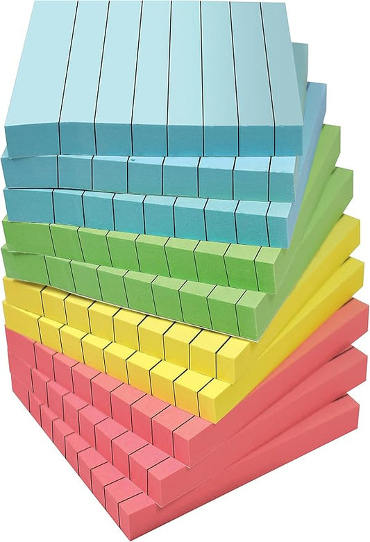 Lined Sticky Notes 3 x 3, 10 Pack, 1,000 Sheets (100/Pad), Self Stick Notes with Lines, Assorted Pastel Colors, by Better Office Products, Post Memos, Strong Adhesive, 10 Pads