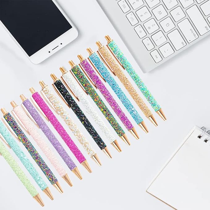 9 Pcs Fancy Pens for Women Glitter Colorful Ballpoint Pens Metal Retractable Pens Black Ink Medium Point 1.0 mm Pretty Cute Sequins Pens Journaling Pens for Women Girls (Classic style)