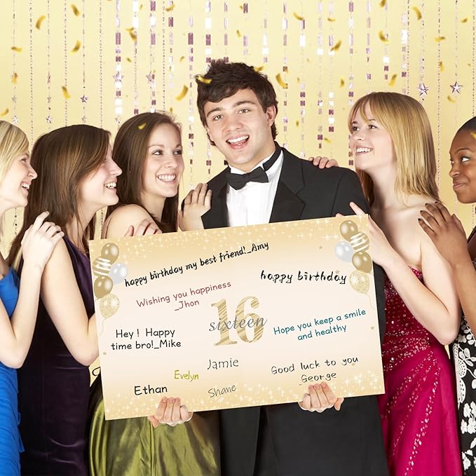 Large 16th Birthday Card With Envelope for Boys Girls, 2009 Black Gold Happy 16th Birthday Giant Guest Signature Book Gifts, Big Vintage 2009 16th Greeting Card Decoration Party Supplies