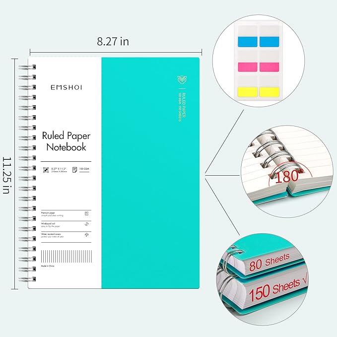 EMSHOI A4 Spiral Notebook College Ruled Lined Journal, 11.2" x 8.27", 300 Pages, 100gsm Thick Paper, Waterproof Softcover, Twin-Wire Binding, Sticky Notes, LightBlue