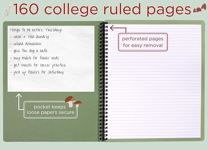 Steel Mill & Co Cute Large Spiral Notebook College Ruled, 11" x 9.5" with Durable Hardcover and 160 Lined Pages, Mushroom