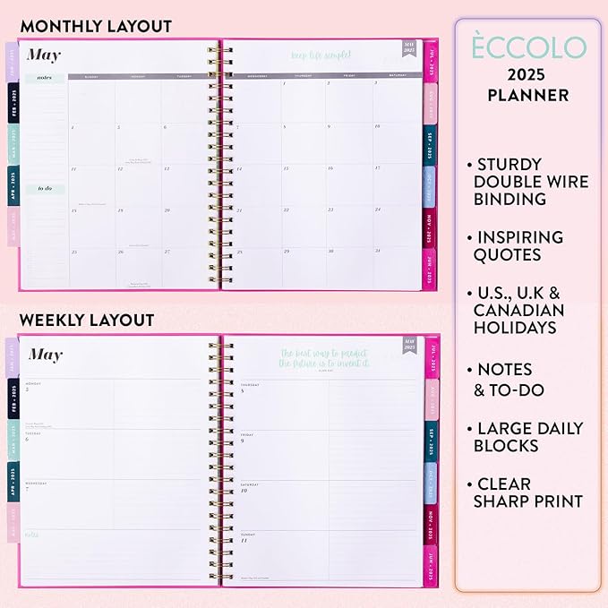 2025 Eccolo Large Spiral Agenda Planner, Hardcover, Weekly & Monthly Pages, 12 Month, Art + Quotes (Extra Large - 9" x 10.5")