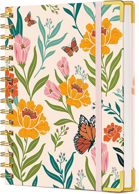Cute Spiral Notebook Journal for Women, 160 Pages Lined Notebooks 5.75” x 8.38”, A5 Hardcover Spiral Journals with 100 GSM Thick Paper, College Ruled Notebook for Writing Work School, Orange Floral
