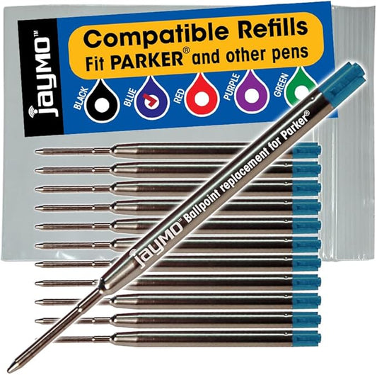 Jaymo Replacement for Parker 1950371 and Bastion - Measures 3.875 in / 98 mm Long - G2 Ballpoint Pen Refill - 12 Blue