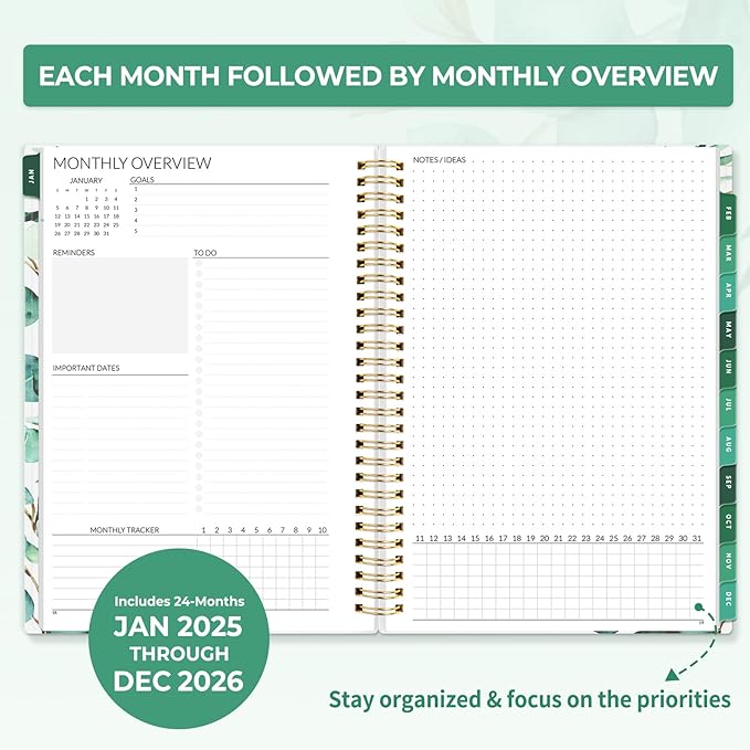 SUNEE 2-Year Monthly Planner 2025-2026 (Jan 2025 - Dec 2026) 7"x10" Monthly Spreads & Yearly Planner, Greenery