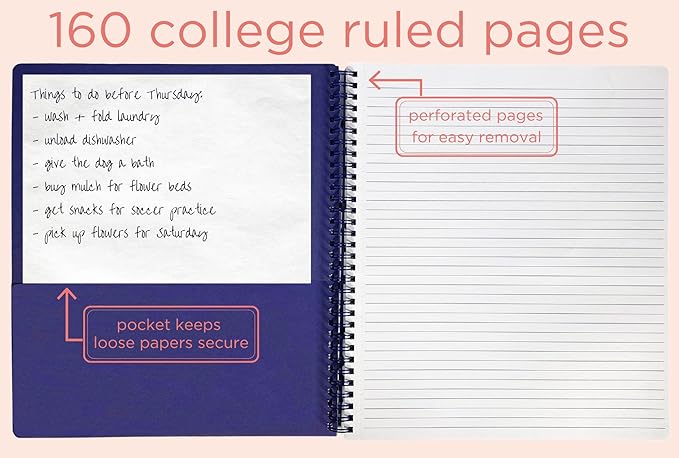 Steel Mill & Co Cute Large Spiral Notebook College Ruled, 11" x 9.5" with Durable Hardcover and 160 Lined Pages, Navy Dots