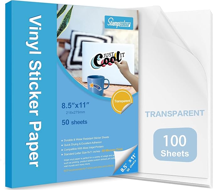 Printable Vinyl Sticker Paper Waterproof Translucent Decal Paper Self-Adhesive Clear Labels Crafts Dries Quickly for Any Epson HP Canon Sawgrass Inkjet Printer