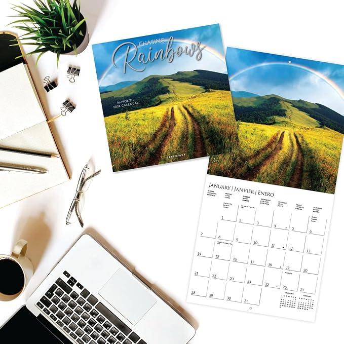 Graphique 2024 Chasing Rainbows Wall Calendar | 12” x 12” | Thick Paper | Home & Office Organizer | Large Monthly Grid | 3 Languages & Marked Holidays | 4 Month Preview Page for 2025