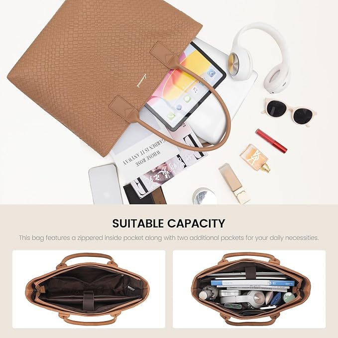 LOVEVOOK Laptop Purses and Handbags for Women, 15.6 Inch Computer Bag Work Tote Briefcase Satchel Handbags for Women with Small Clutch, Light Brown