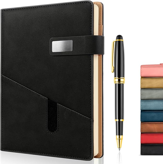 A5 Lined Leather Journal with Pen, 240 Pages Refillable Hardcover Notebook with Pocket and Magnetic Buckle, 80gsm Thick Daily Diary for Men and Women, Great Gift for Business Travel Personal - Black