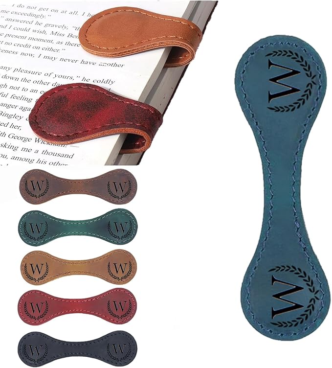 Personalized Magnetic Leather Bookmark, 26 Letters Custom Leather Bookmarks, Handmade, Leather Magnetic Bookmark for Book Lovers Readers Women Kid(Blue，W）