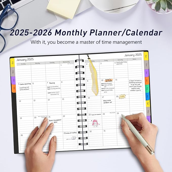 Daily Planner 2025-2026 - 18 Month Planner with Tabs, Calendar Yearly Monthly Weekly Spiral Time Management Planner, January 2025 - June 2026, Flexible Cover, 100GSM Thick Paper, A5 Size, Black