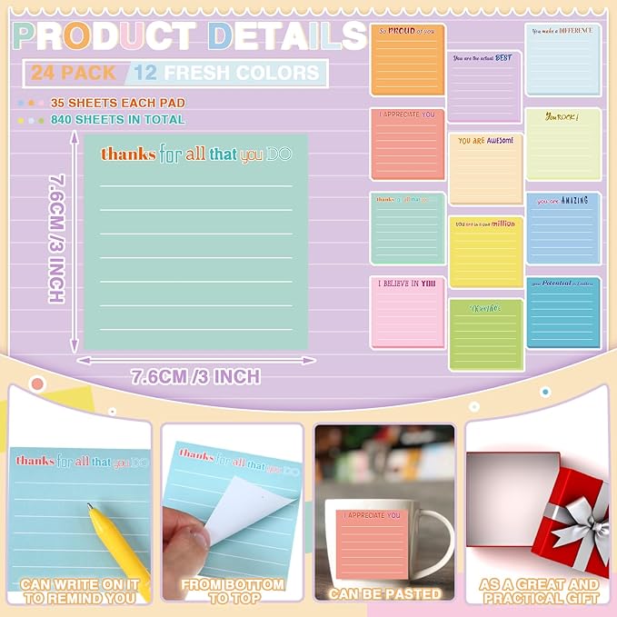 Yinder 24 Pcs Inspirational Sticky Notes with Lines Cute Motivational Sticky Notes Pad Employee Appreciation Gifts Bulk for Teacher Nurse Coworkers Office Supplies 3 x 3''(Light Color,Thankful)