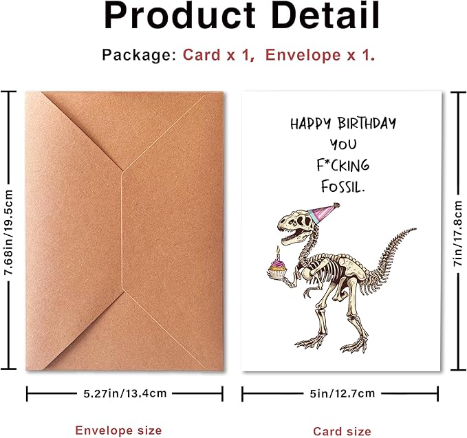 Dinosaur Birthday Greeting Card, Funny & Sarcastic, Blank Inside, Unisex-Adults, 5x7 inches