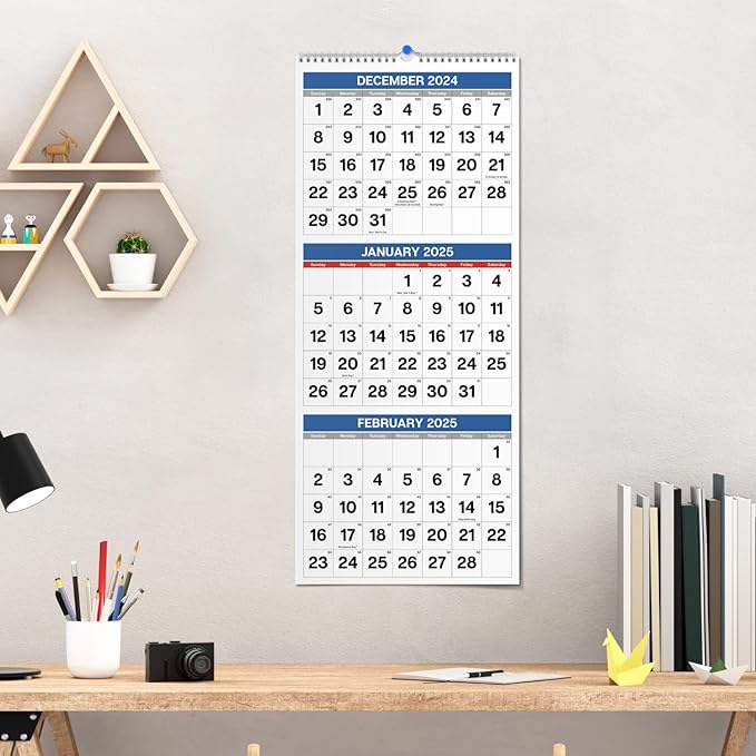 Dunwell Three Month View Calendar 2025 (Blue), 11x26" Open, 3-Month Wall Calendar Vertical, Use to December 2025, Tri Panel Calendar, Ships Folded
