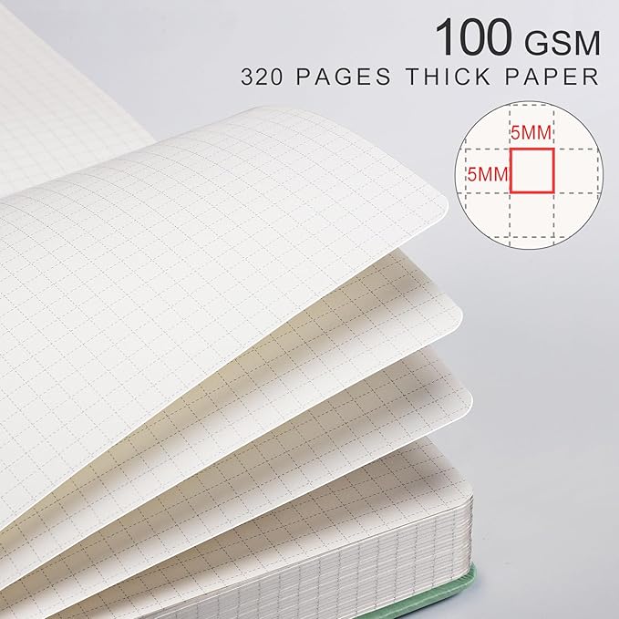 EMSHOI Graph Paper Notebook - 320 Pages, A5 Hardcover Leather, 100gsm Thick Paper, Square Grid Notebook for Women Men Work School Math Writing, Graphing, Engineering, 5.75 x 8.38, Green