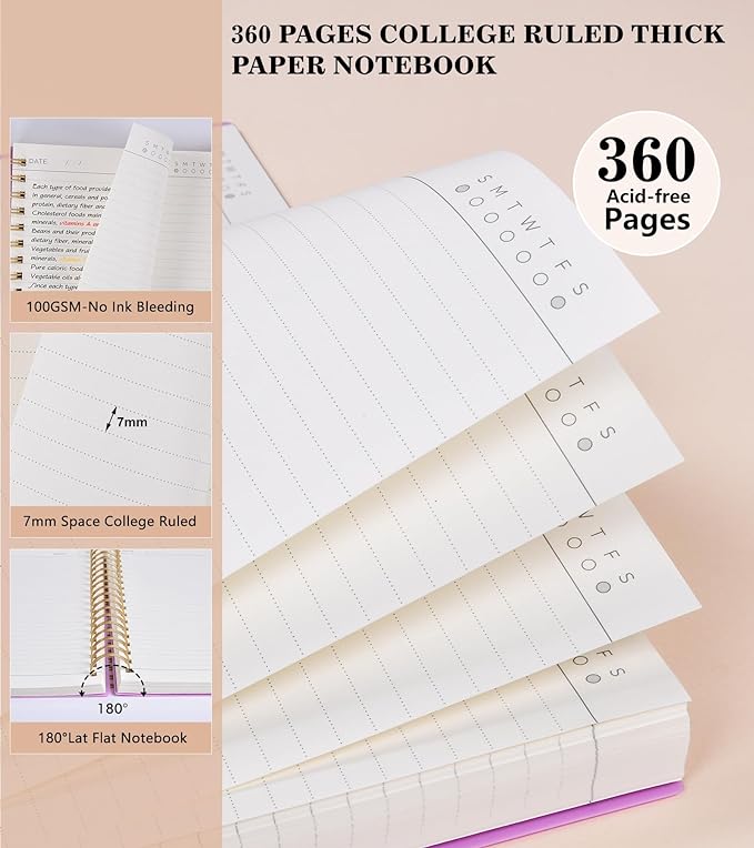 Spiral Notebook Journal College Ruled, 360 Pages Lined Thick Journals for Women Men, B5 Big Notebooks with 100GSM Paper, Spiral Bound Journaling for Writing Work School Purple 7.6"×10"