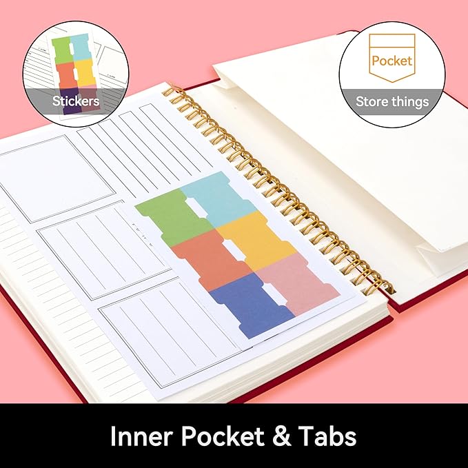 Alltree Lined Journal Notebook, Spiral Journal for Women, A5 Medium, Leather Hardcover Spiral Notebook with Tabs, Pen Loop, Pocket, Stickers, 160 Pages, Journal for Work, Burgundy(6"x8.5")