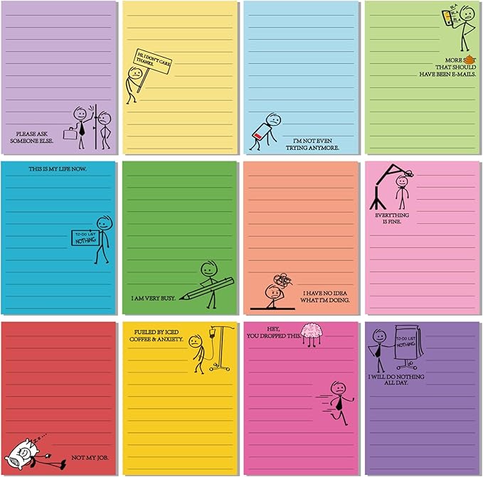 12 Pcs Funny Sticky Notes for Work 4x3 Inches Sarcastic Self Adhesive Notepads Novelty Memo Note Pads for Office Coworker Gifts Employee Appreciation Supplies(Stick Man)