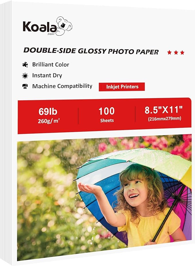 Koala Thick Photo Paper 8.5x11 Inches Heavyweight Double Sided High Glossy 100 Sheets 260gsm only Compatible with Inkjet Printer