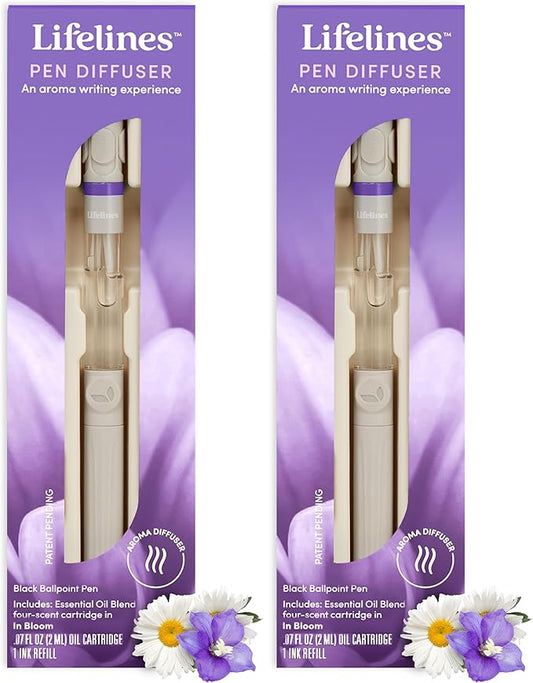 Lifelines Pen Diffuser Set, 2-Pack (in Bloom) - 1mm Black Ballpoint Pens with Scented Essential Oil Diffuser - Aromatherapy & Sensory Immersion Diffuse Aroma As You Write