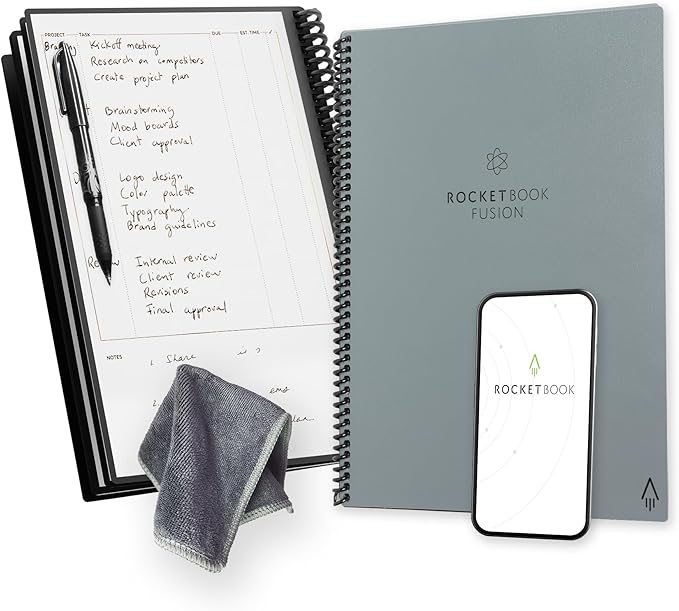 Rocketbook Fusion Reusable Undated Productivity Planner, Letter Size 8.5x11, Gray - Goals, Monthly and Weekly Calendar, Daily To-do List, Lined and Dotted Notes Pages (Pack of 32)