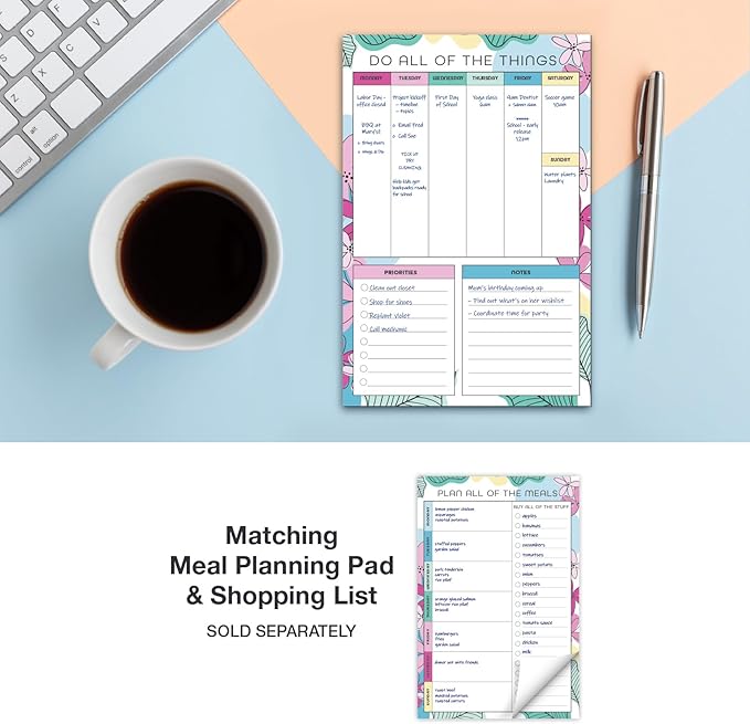 Global Printed Products 6" x 9" Vertical to-Do List and Weekly Planning Pad, 60-Sheets, Sketched Floral