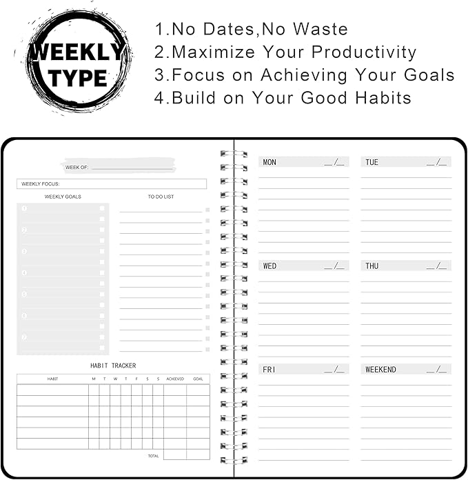 KMQOY Weekly Planner - Undated 52-Week To Do List Planner with Habit Tracker Spiral Weekly Planner for Weekly Goals/Work Planner, 5.8" * 8" - black