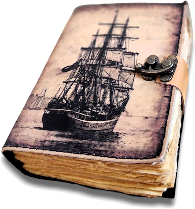Large Sailing Ship Leather Journal Dairy Notebook Sketchbook | 200 Deckle Papers | C-Shape Lock for Closure (10*7 inch)