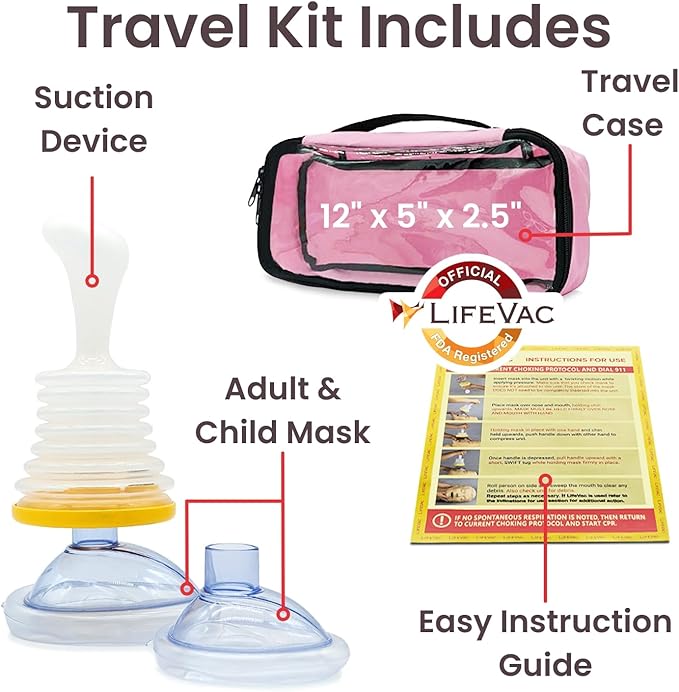 LifeVac Pink Travel Kit - Portable Suction Rescue Device, First Aid Kit for Kids and Adults, Portable Airway Suction Device for Children and Adults