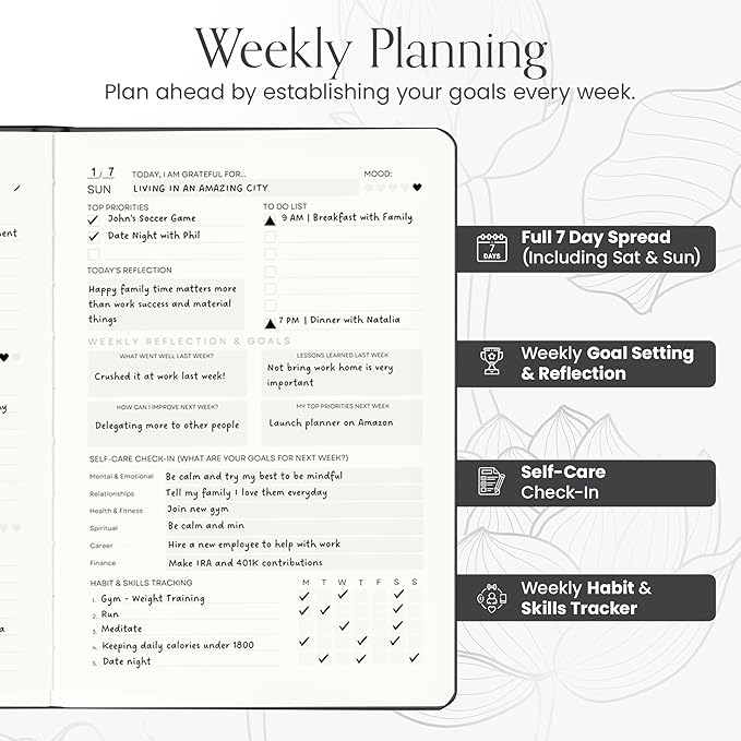 2025 Planner, Daily Journal & Gratitude Journal All-In-One with To Do List, Self Care Prompts & Habit Tracker - 5.8 x 8.3 - Black