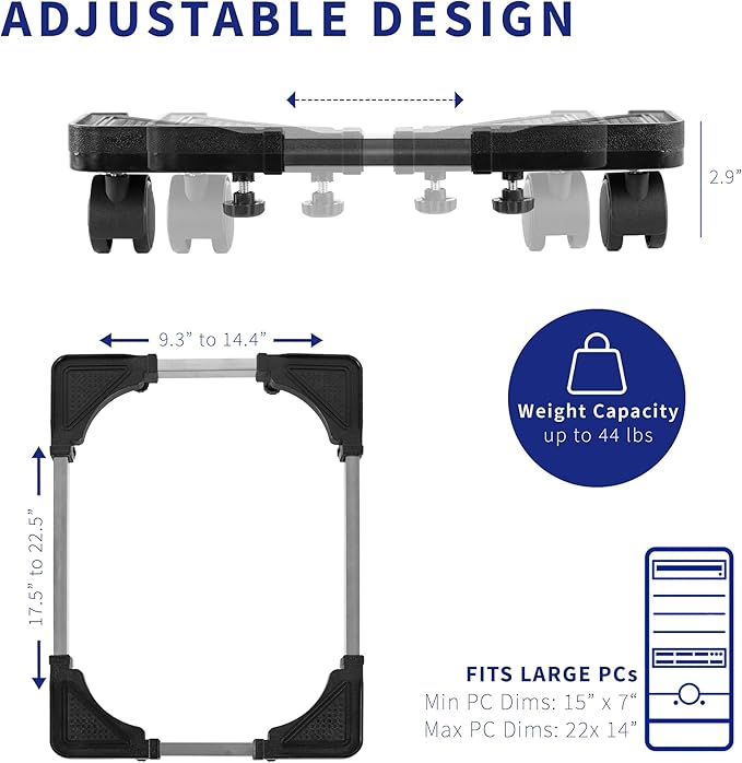 VIVO Large Steel PC Cart, Rolling CPU Trolley, Adjustable Mobile Computer Stand Holder with Locking Caster Wheels, Fits Most Gaming PCs up to 22 x 14 inches, Under Desk, Black, CART-PC03L