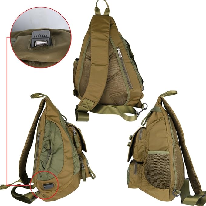 Larswon Sling Bag with USB Charging Port, Sling Backpack USB, Shoulder Backpack, Large Crossbody Bag, Chest Bag Large Army Green