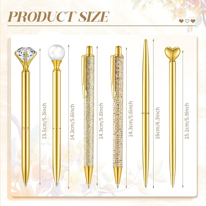 6 Pcs Ballpoint Pens Set Metal Crystal Diamond Pen for Journaling Glitter Pretty Cute Stationery Black Ink Fancy Gifts for Women Girls Teacher Office Wedding School Supplies(Gold)