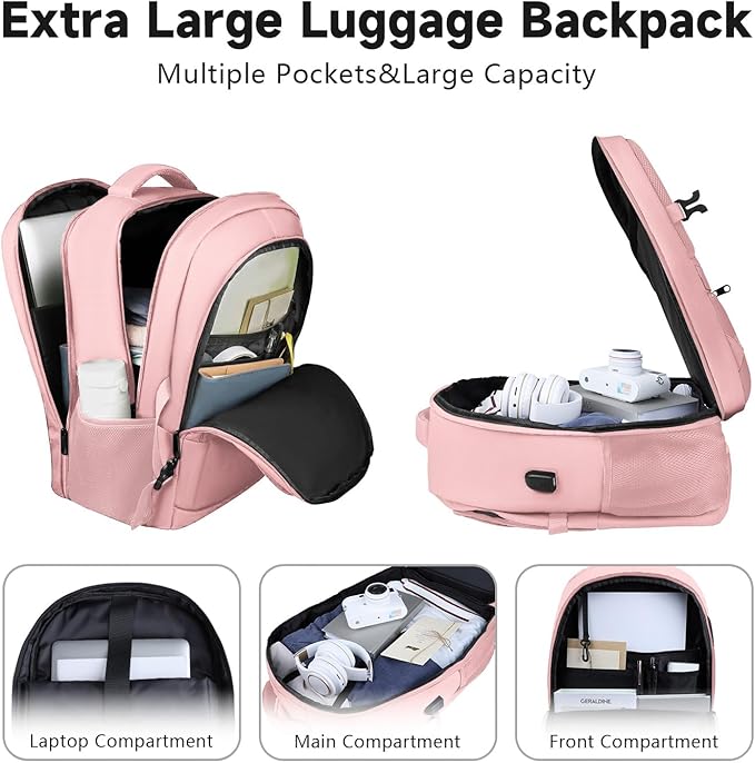 Lapsouno Extra Large Backpack, Carry on Backpack for Women, TSA 17.3 Inch Travel Laptop Backpack with USB Port,College School Business Backpack for Women, Light Pink