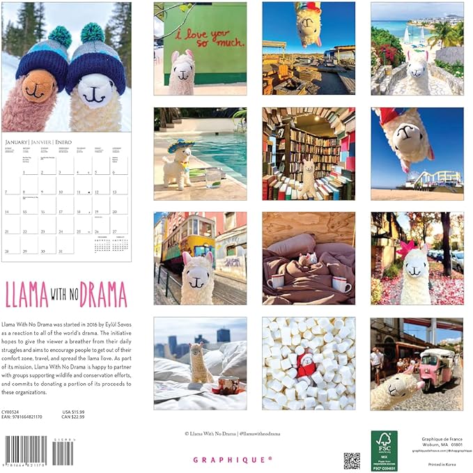 Graphique 2024 Llama with no Drama Wall Calendar | 12” x 12” | Thick Paper | Home & Office Organizer | Large Monthly Grid | 3 Languages & Marked Holidays | 4 Month Preview Page for 2025