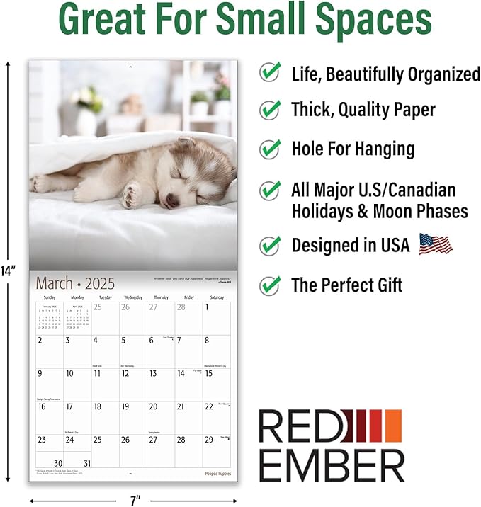 RED EMBER Pooped Puppies Mini 2025 Wall Calendar 12 Month | 7" x 14" Open | Thick & Sturdy Paper | Giftable | Calendar 2025