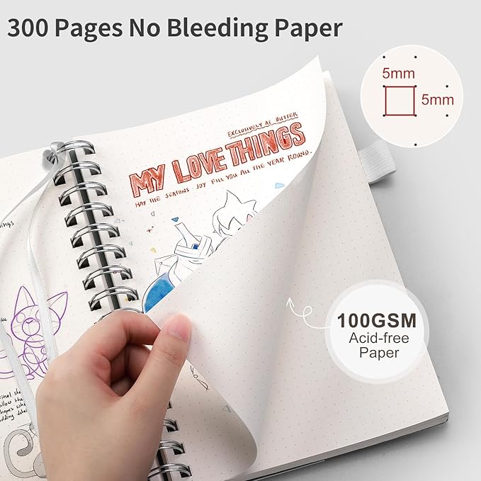 EMSHOI Spiral Notebook B5 Bullet Dotted Journal, Dotted Grid Notebook with 300 Pages, 100gsm Thick Paper, 7.48" × 10.15", Waterproof Softcover Notebook for School Work Writing - Transparent