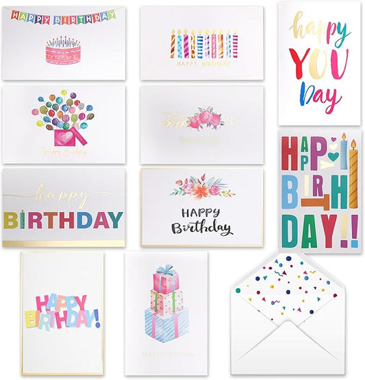 Happy Birthday Cards Bulk with Envelopes, 100 Pack, 10 Unique Gold Foil Designs, Organizer Box, Stickers, and Seals - 4x6 Inches, Thick Card Stock Set, Ideal for Kids, Men, Women, and Elderly